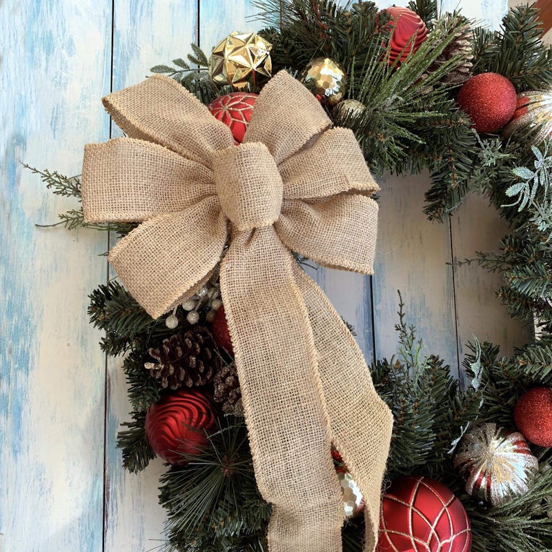 GiftWrap Etc. Natural Burlap Ribbon Wreath Bow - 10" Wide, 18" Long Tails, Valentine's Day, V-Day, Farmhouse, Easter, Fall, Winter, Thanksgiving, Christmas Tree Decoration - Image 1